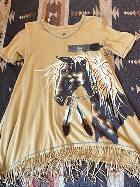 Double D Ranch Mustard Horse Graphic Fringe Tee